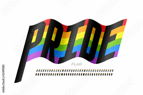 Waving rainbow flag colors font, LGBTQ pride flag alphabet letters and numbers