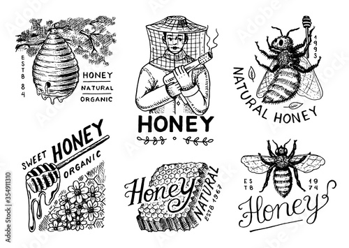 Honey and bees set. Beekeeper man and Honeycombs and hive and apiary. Vintage logo for typography, shop or signboards. Badge for t-shirts. Hand Drawn engrave sketch. Vector illustration.