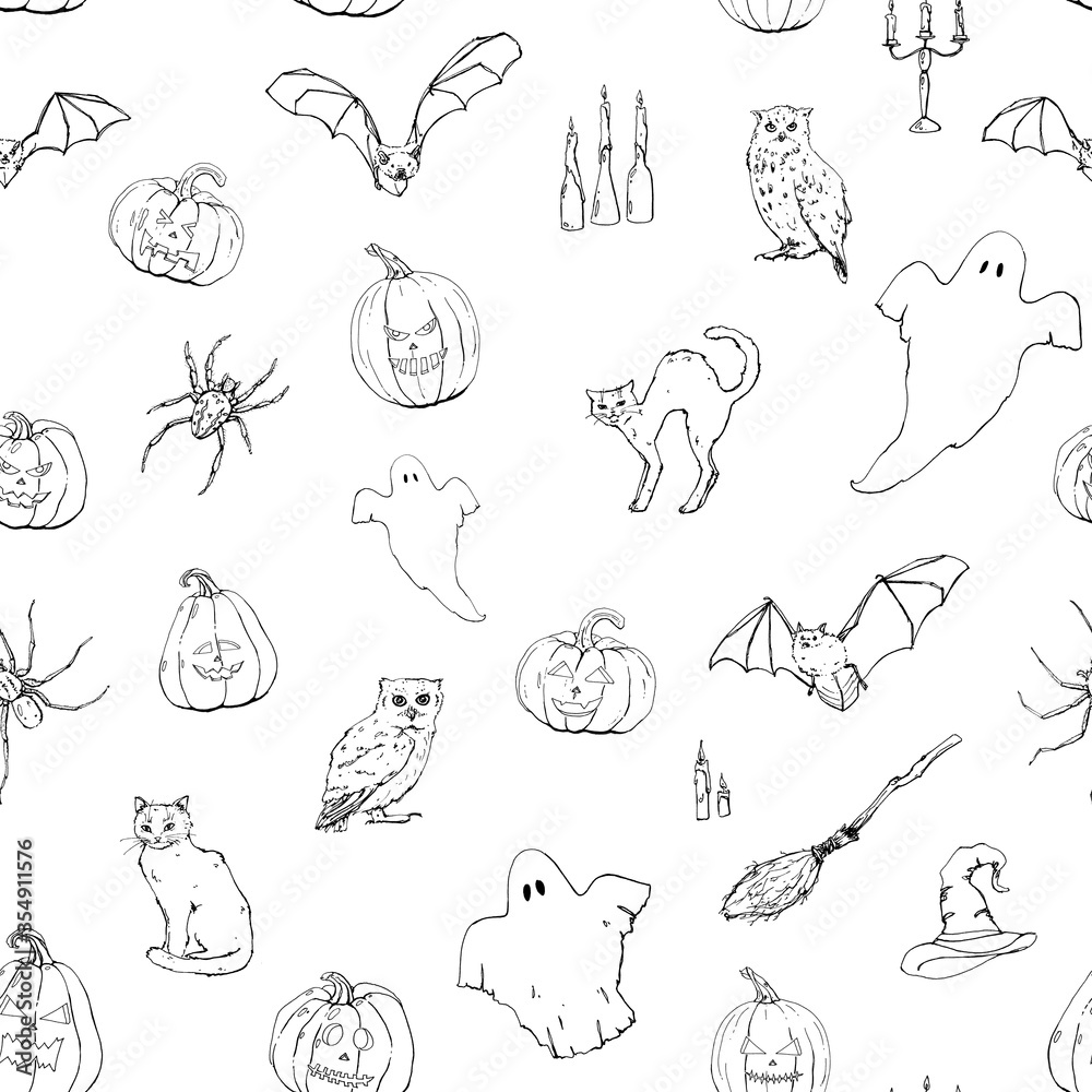 hand drawn graphic halloween seamless pattern with ghost bat black cat owl spider witch hat broom besom candle on white background