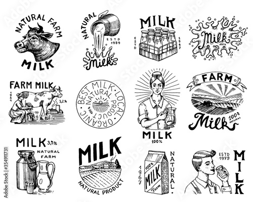 Milk set. Cow and woman farmer, milkmaid and jug, blot and bottles, packaging and meadow, man holds a glass. Vintage logo for shop. Badge for t-shirts. Hand Drawn engrave sketch. Vector illustration.