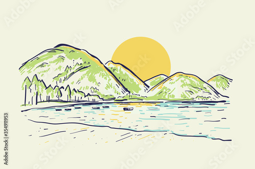Landscape vector sketch color illustration with mountains, lake, boat and beach at sunset. Summer background in pastel colors.