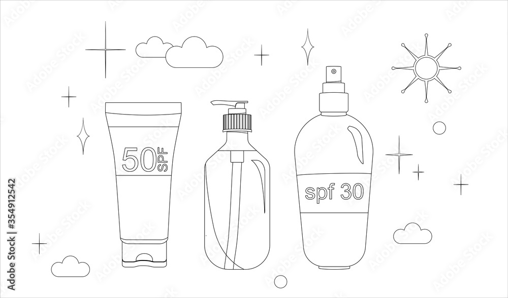 Thin line vector set sunscreen gel, sunblock spray, tanning oil. Prevention of aging and skin cancer. Summer linear isolated illustration of UV cosmetics for protecting the skin. 