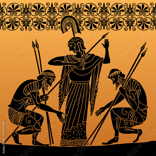 Ancient Greek painting on the dishes. Two warriors in armor with spears in their hands bowed before a woman in a tunic.