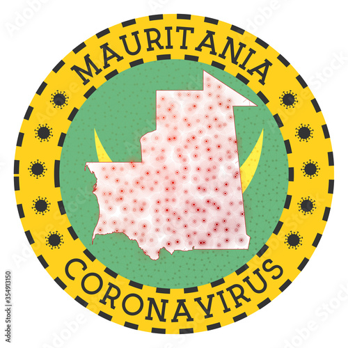 Coronavirus in Mauritania sign. Round badge with shape of Mauritania. Yellow country lockdown emblem with title and virus signs. Vector illustration.