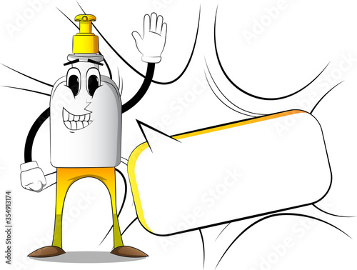 Cartoon Bottle of hand sanitizer gel with face waving hand. Funny Expressions vector.