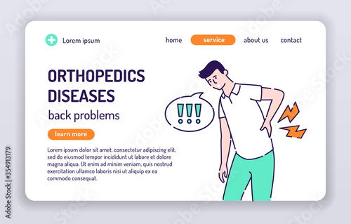 Orthopedics diseases web banner. Man with back pain. Isolated cartoon character on a white background. Concept for web page, presentation, smm, ad, site. Vector illustration. UX UI GUI design.