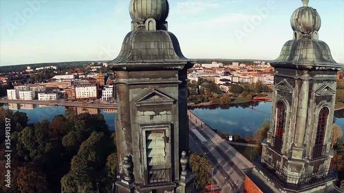 Cloisters Church (Klosters kyrka) and Eskilstuna city from air. Aerial shoot of Church (Klosters kyrka) and Eskilstuna city in Sweden photo