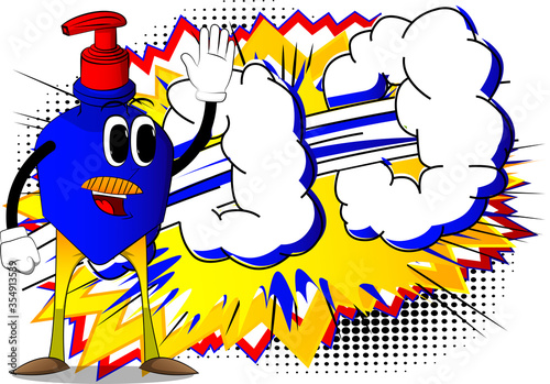 Cartoon Bottle of hand sanitizer gel with face waving hand. Funny Expressions vector.