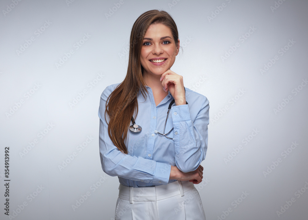 Smiling woman dressed blue shirt Smiling woman dressed blue shirt