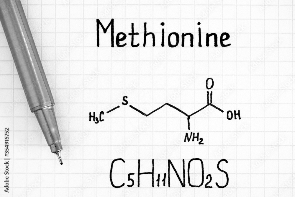 Chemical formula of Methionine with pen. Chemical formula of Methionine with pen.