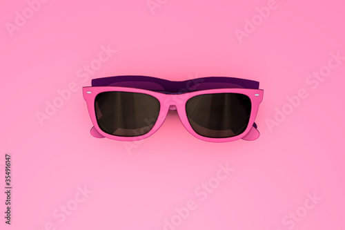 3d rendering summer concept. Pink sun glasses on pink background. Sunlight, travel. Border closure, travel restrictions. Copy space
