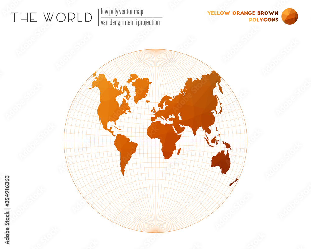 World map with vibrant triangles. Van der Grinten II projection of the world. Yellow, orange, and brown colored polygons. Trending vector illustration. World map with vibrant triangles. Van der Grinten II projection of the world. Yellow, orange, and brown colored polygons. Trending vector illustration.