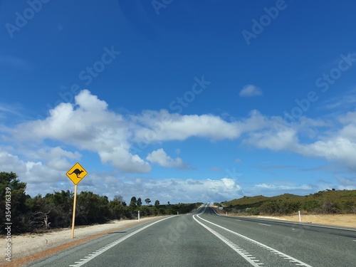 The road with kangaroo sign and blue sky as background in Australia