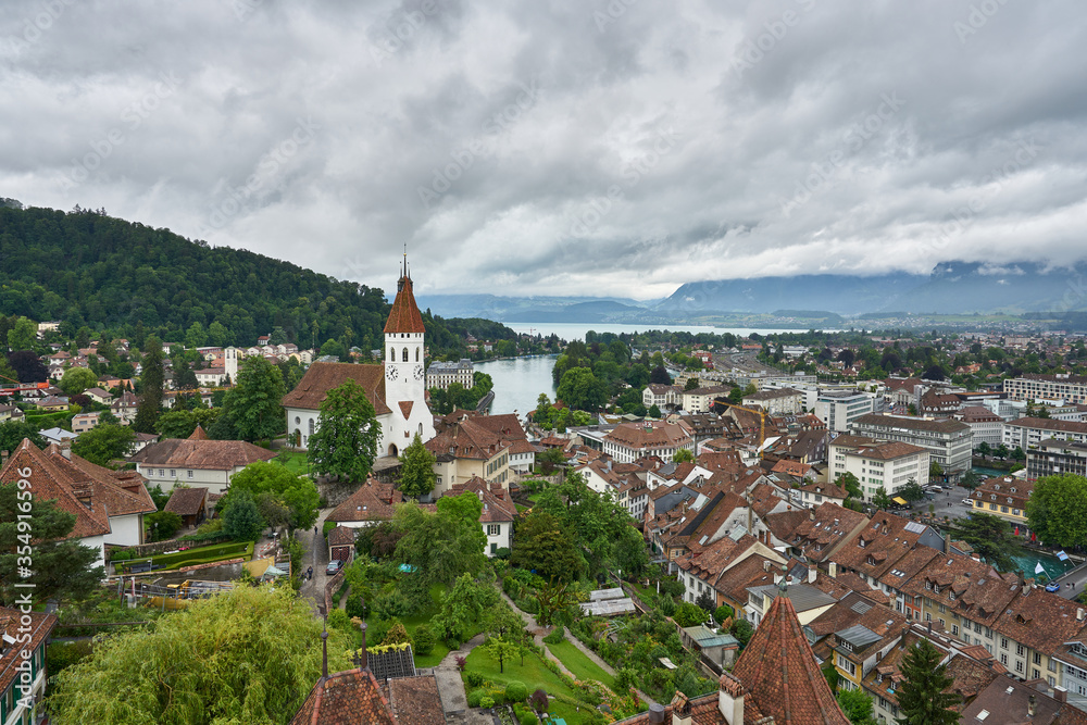 Panorama of Thun with Stadtkirche (City church) and Lake Thun. Photo taken from Thun Castle, Switzerland. 