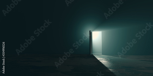 Fototapeta Copyspace design of hope amid the gloom concept, a bright exit door in dark room