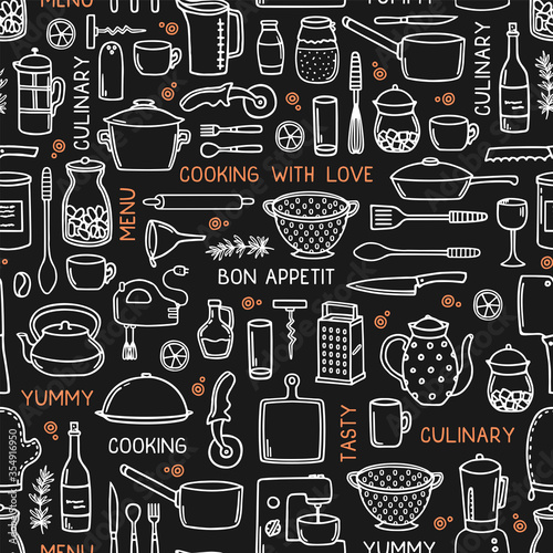 Kitchen seamless background in doodle style on black. 