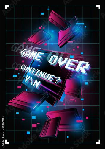 Word Game over in geometric shapes background. Message on the video game screen. For games, banner, web pages.
