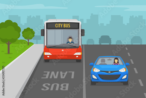 City street with bus lane. Front view of bus and car. Flat vector illustration.
