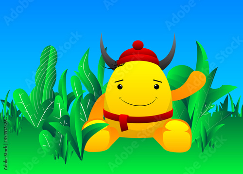 Little yellow monster with horns wearing a cap and scarf sitting on a meadow. Vector cartoon illustration.