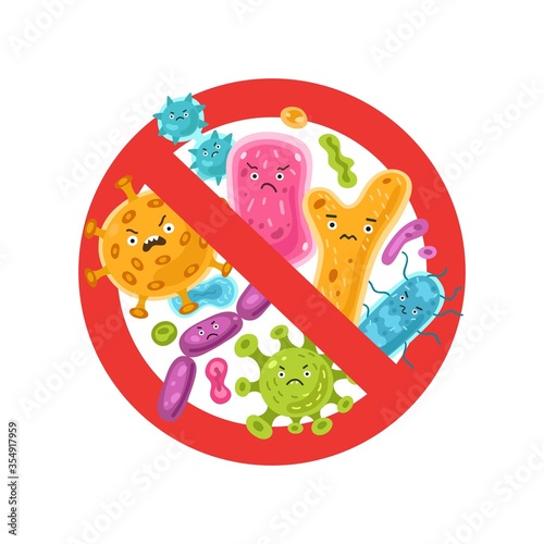 Antibacterial vector symbol. Virus infection and microbes bacterias control. Cartoon virus with Stop Sign. Illustration for web landing page, banner, flyer, sticker.