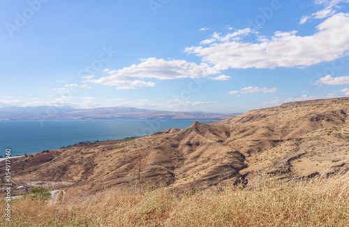 Panoramic  view from the ruins of the Greek - Roman city Hippus - Susita located on the hill on the Golan Heights in northern Israel on the Sea of Galilee