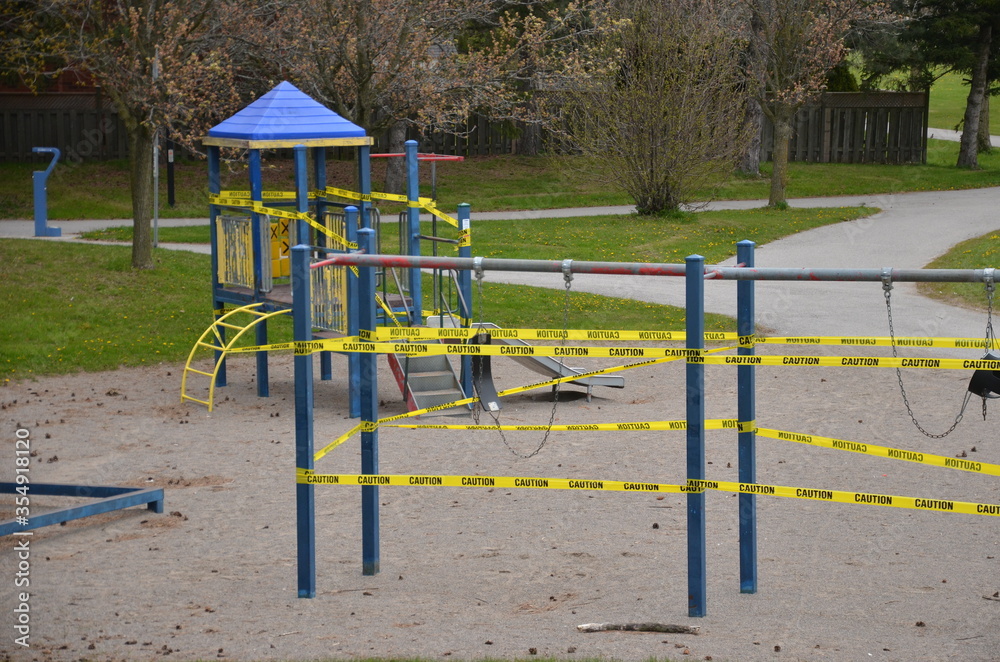 A COVID-19 closed playground and equipment in Scarborough, Ontario. This closure is part of the City of Toronto’s ongoing efforts to stop the spread of COVI A COVID-19 closed playground and equipment in Scarborough, Ontario. This closure is part of the City of Toronto’s ongoing efforts to stop the spread of COVI