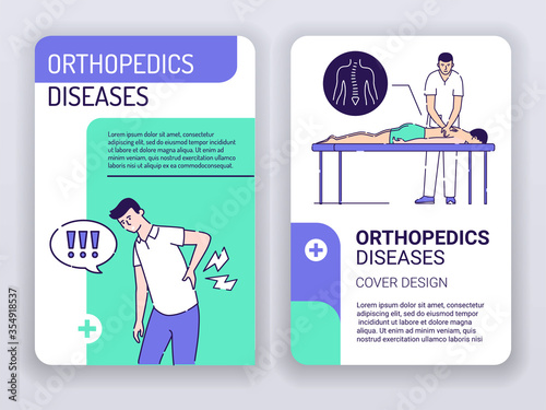 Orthopedics diseases and physiotherapy web banner brochures template. Man with back pain and doctor massages patient. Print design with linear illustrations cartoon character on turquoise background