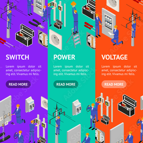 Character Electrician in Uniform Concept Banner Vecrtical Set 3d Isometric View. Vector