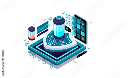 Data protection in the smartphone, Safe charging, battery control in the phone. Data visualization concept. 3d isometric vector illustration.