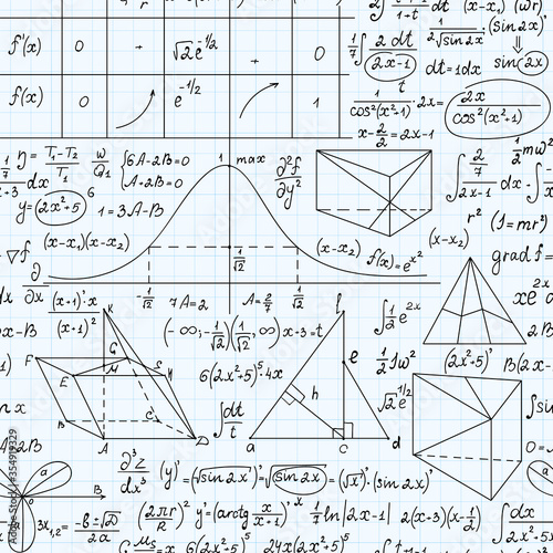 Math vector seamless endless texture with formulas, figures and equations, handwritten with pen on school grid copybook paper