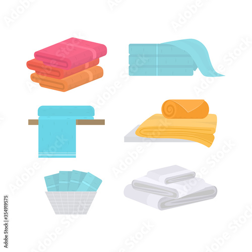 Cartoon Color Hand and Bath Fabric Towels Set. Vector