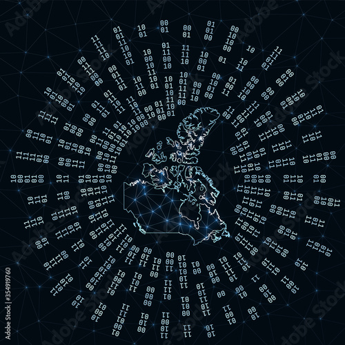 Canada digital map. Binary rays radiating around glowing country. Internet connections and data exchange design. Vector illustration.