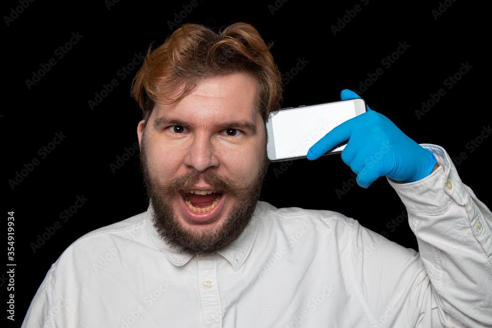 social communication crisis concept of aggression human expression male portrait office worker scream angry emotion in phone speaking time, black background poster space social communication crisis concept of aggression human expression male portrait office worker scream angry emotion in phone speaking time, black background poster space