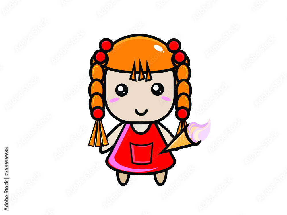 Little girl with yellow pigtails holds ice cream in her hand. Vector illustration. Little girl with yellow pigtails holds ice cream in her hand. Vector illustration.