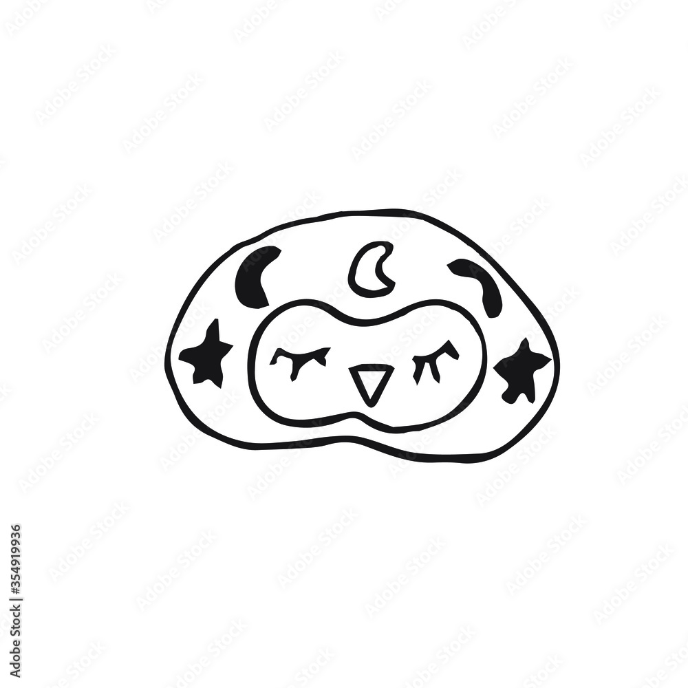 Cute pillow with a funny face and stars. Drawing in the style of doodles. Isolated on a white background.