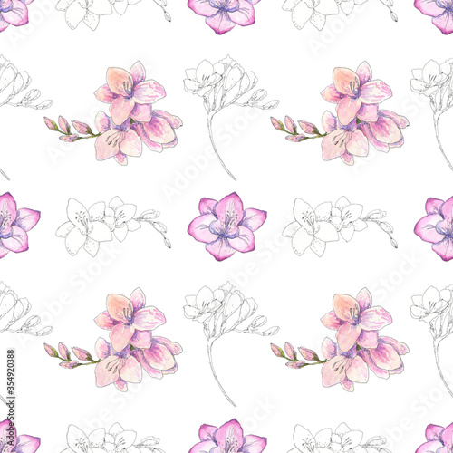 Freesia botanical seamless pattern hand drawn in pink watercolor and pen ink. Spring, summer delicate floral background for wallpaper, gift wrapping paper, textile, wedding, fashion design. 