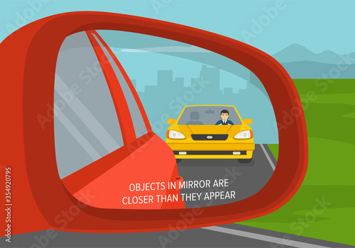 Car wing mirror. Back side view. Police chasing criminal in a car on the highway. Flat vector illustration.