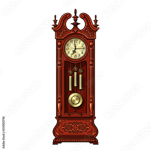 Antique grandfather pendulum clock. Vector illustration isolated on white background.
