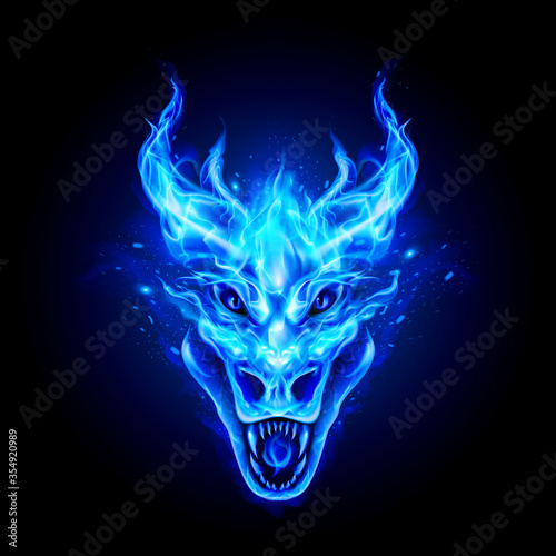 Fire Dragon Head in Blue Flame on the Dark Background. Modern Illustration Concept Style for Badge, Emblem and T-Shirt Printing