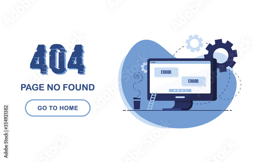 404 error page not found. Go to home banner. System error, broken page. Interior with computer and desk. For website. Problem Report. Blue and White. Eps 10