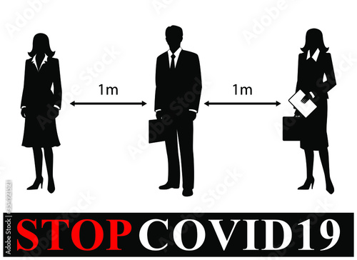 Social distancing, people keeping 1m distance for prevent corona virus. office and business people silhouettes vector.