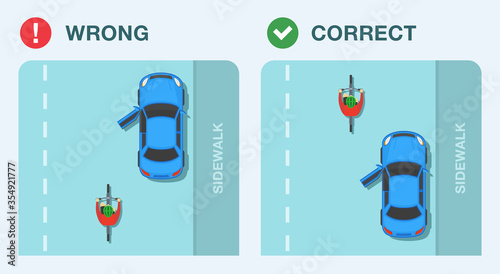 Dooring rules. Car and bicycle rider on city road. Driver is opening car door. Top view. Flat vector illustration.