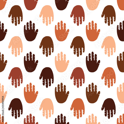 Seamless pattern of a people s hands with different skin color together. Symbol of race equality, diversity, tolerance. Human palm with different skin color tolerance and anti racism concept. Vector