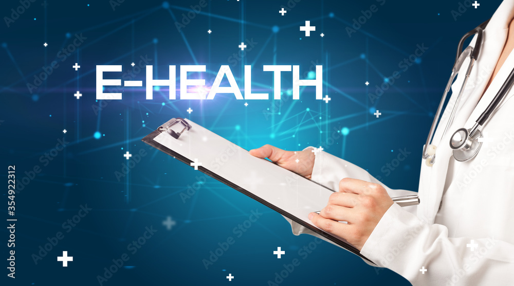 Doctor fills out medical record with E-HEALTH inscription, medical concept Doctor fills out medical record with E-HEALTH inscription, medical concept