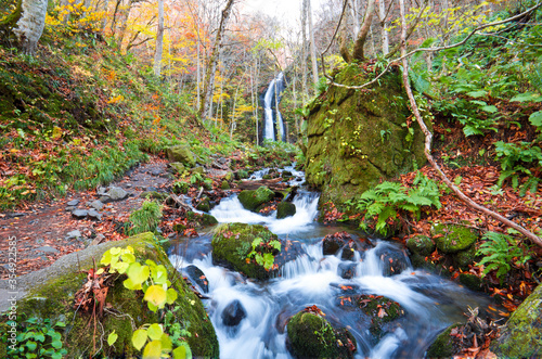 View of Komoi waterfall in Oirase stream in autumn season, Aomori prefecture, Tohoku, Japan. photo