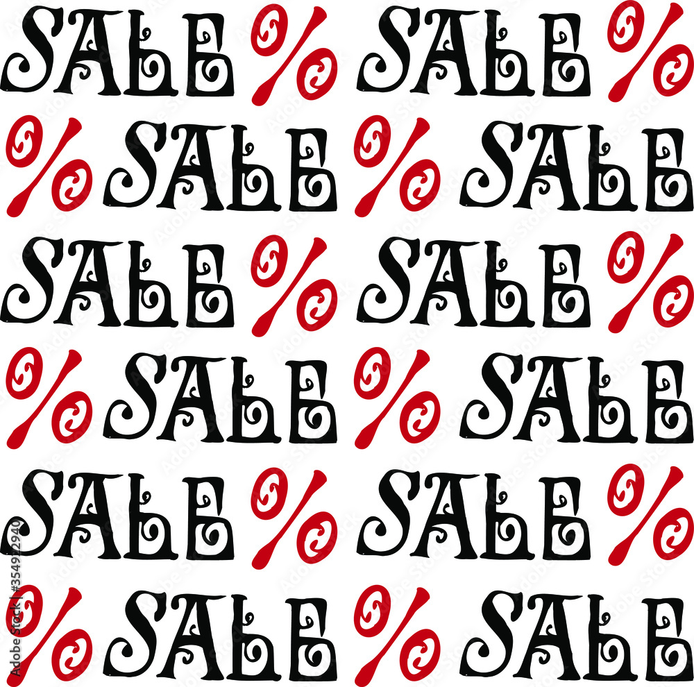 The inscription  sale in the art Deco style. Black letters red percent sign on white background.  Lettering. Seamless pattern of sale. Vector.   For design, packaging, spring sale coupon.