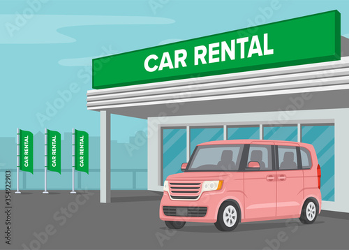 Japanese rental car office. New modern small microvan. Flat vector illustration. photo