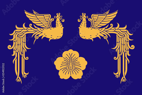 'Bonghwang' and 'Mugunghwa', Vector illustration. 'Bonghwang' means phoenix in Korean. 'Mugunghwa' means rose of sharon in Korean. These birds and flowers symbolize the Blue House in Korea.