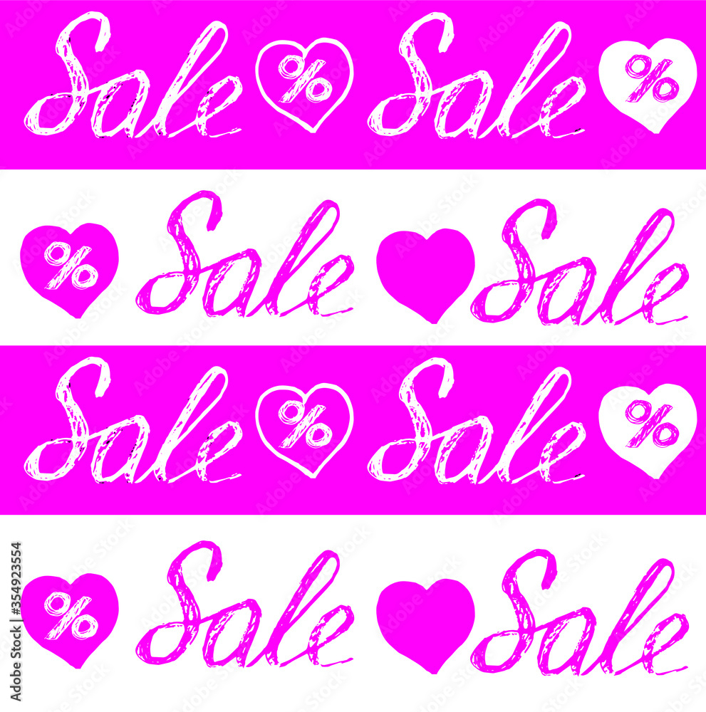 The inscription Sale in the style of Doodle is written by hand. Seamless sales scheme. Pink and white horizontal stripes alternate in the pattern. Vector. The inscription Sale in the style of Doodle is written by hand. Seamless sales scheme. Pink and white horizontal stripes alternate in the pattern. Vector.