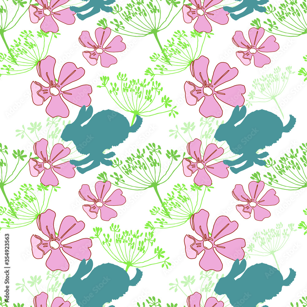 Fototapeta premium hand-drawn delicate floral seamless background, abstract plants and jumping hares on a white background
